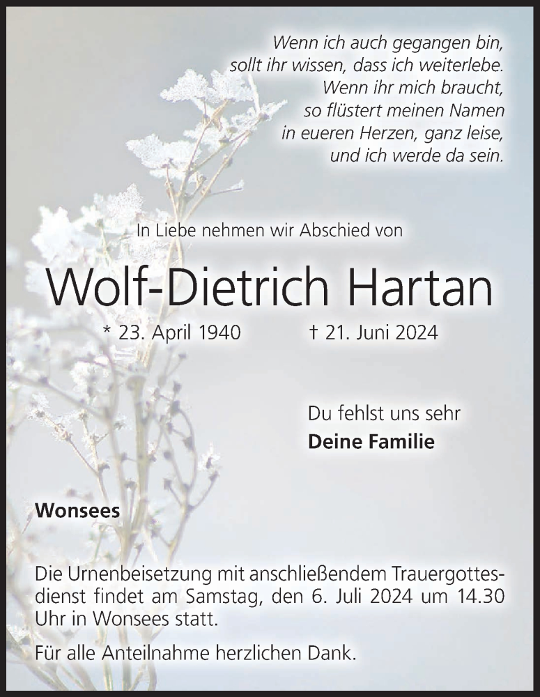  Traueranzeige für Wolf-Dietrich Hartan vom 03.07.2024 aus MGO