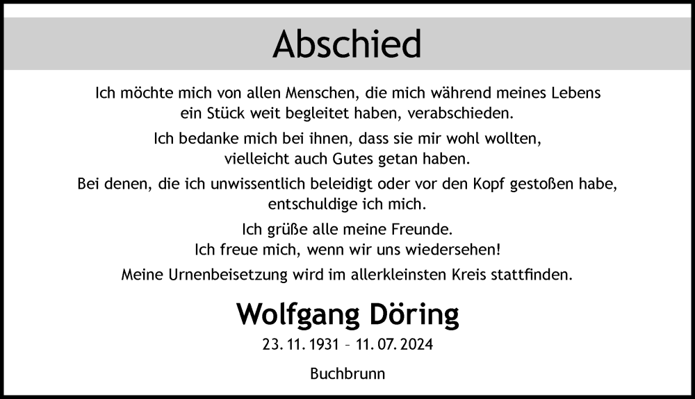  Traueranzeige für Wolfgang Döring vom 27.07.2024 aus MGO