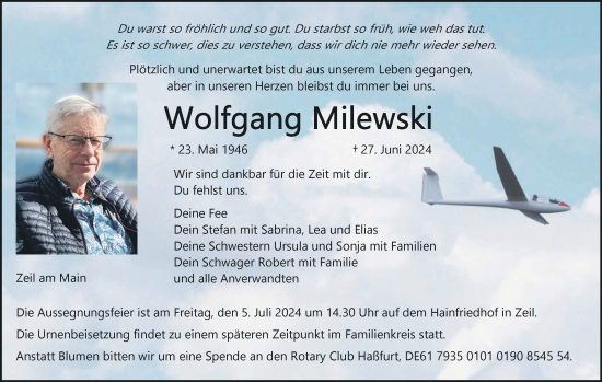 Anzeige von Wolfgang Milewski von MGO