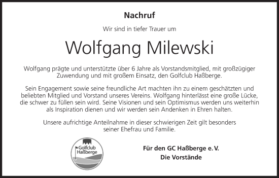 Anzeige von Wolfgang Milewski von MGO