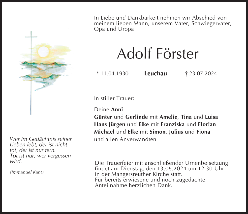  Traueranzeige für Adolf Förster vom 10.08.2024 aus MGO