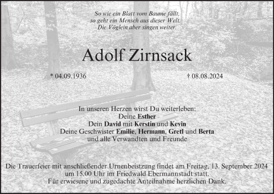 Anzeige von Adolf Zirnsack von MGO