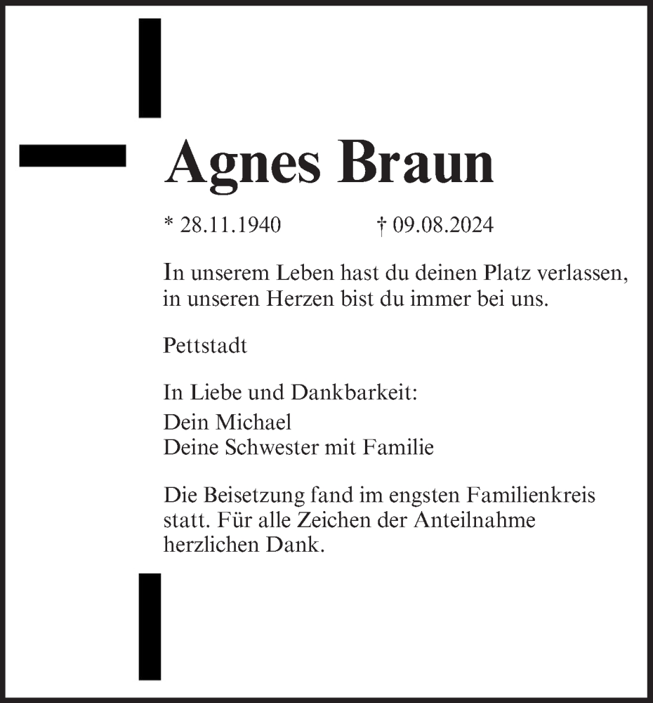  Traueranzeige für Agnes Braun vom 17.08.2024 aus MGO