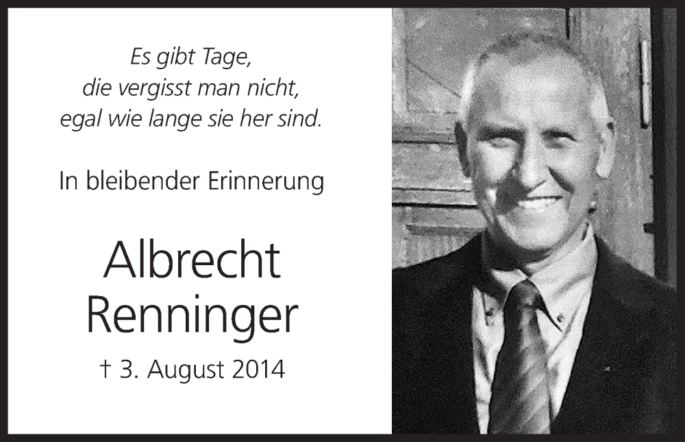  Traueranzeige für Albrecht Renninger vom 03.08.2024 aus MGO
