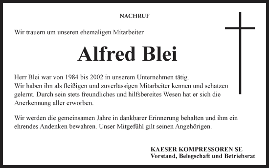Anzeige von Alfred Blei von MGO