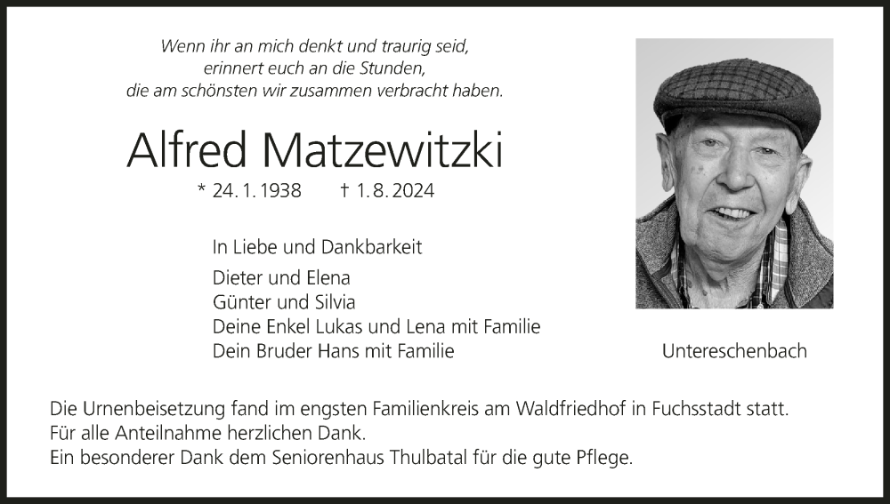  Traueranzeige für Alfred Matzewitzki vom 10.08.2024 aus MGO