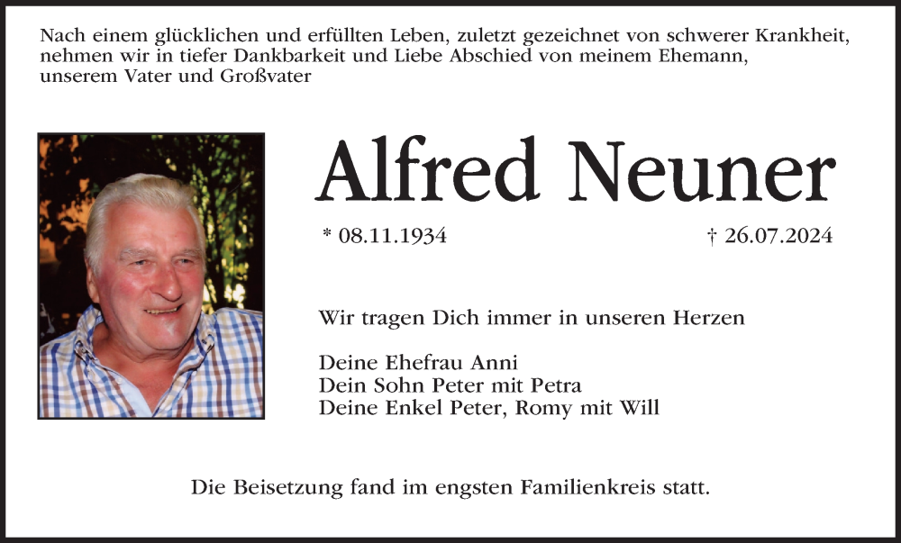  Traueranzeige für Alfred Neuner vom 10.08.2024 aus MGO