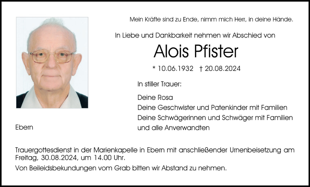  Traueranzeige für Alois Pfister vom 28.08.2024 aus MGO