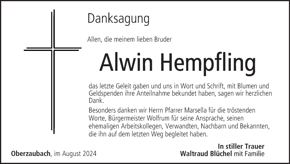  Traueranzeige für Alwin Hempfling vom 31.08.2024 aus MGO