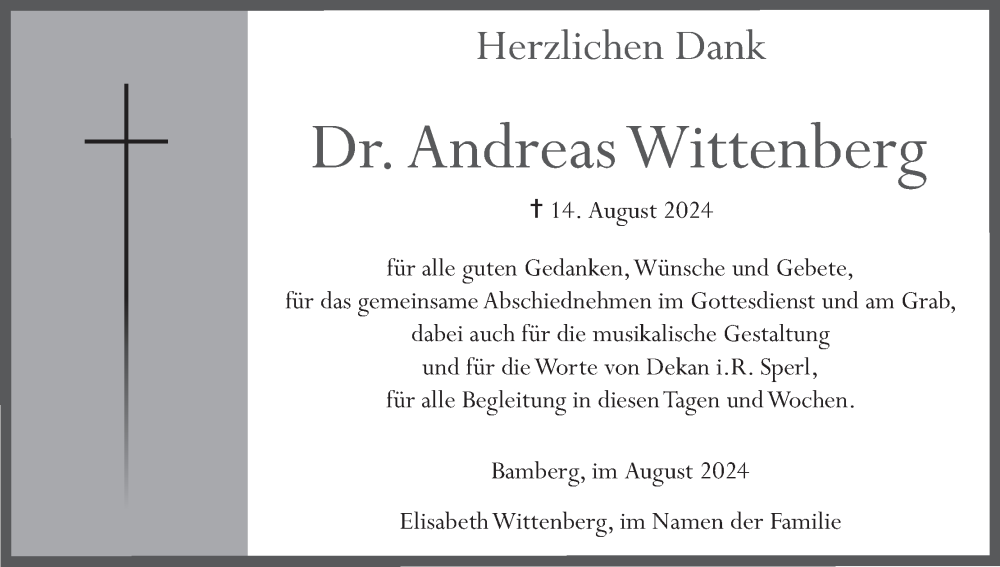 Traueranzeige für Andreas Wittenberg vom 24.08.2024 aus MGO