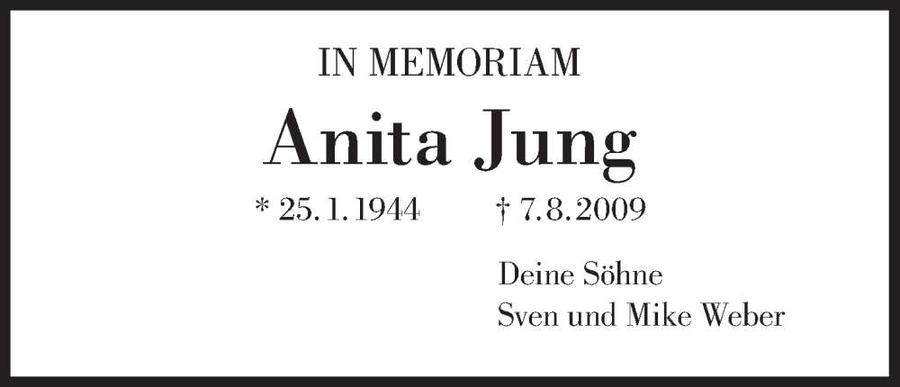  Traueranzeige für Anita Jung vom 07.08.2024 aus MGO