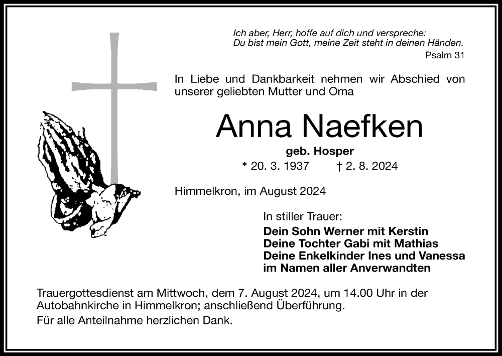  Traueranzeige für Anna Naefken vom 06.08.2024 aus MGO