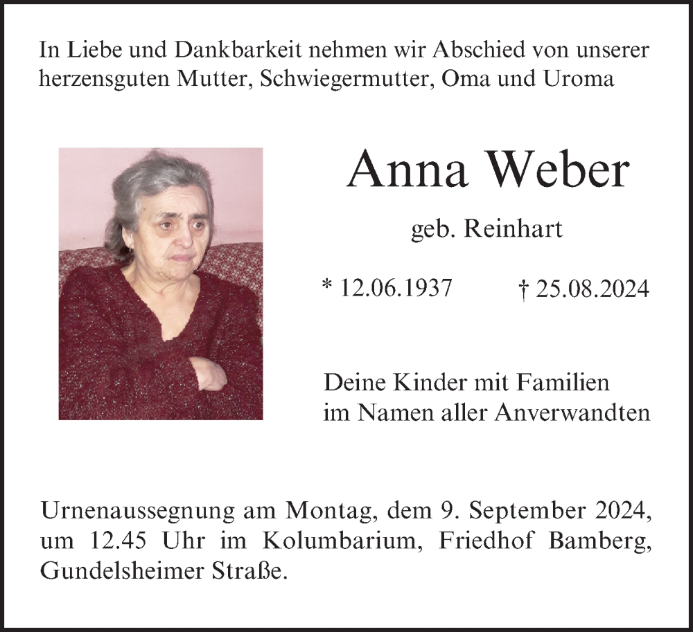  Traueranzeige für Anna Weber vom 31.08.2024 aus MGO