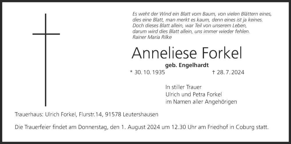  Traueranzeige für Anneliese Forkel vom 31.07.2024 aus MGO