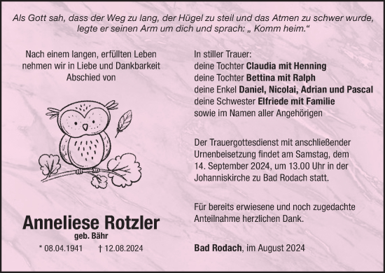 Anzeige von Anneliese Rotzler von MGO