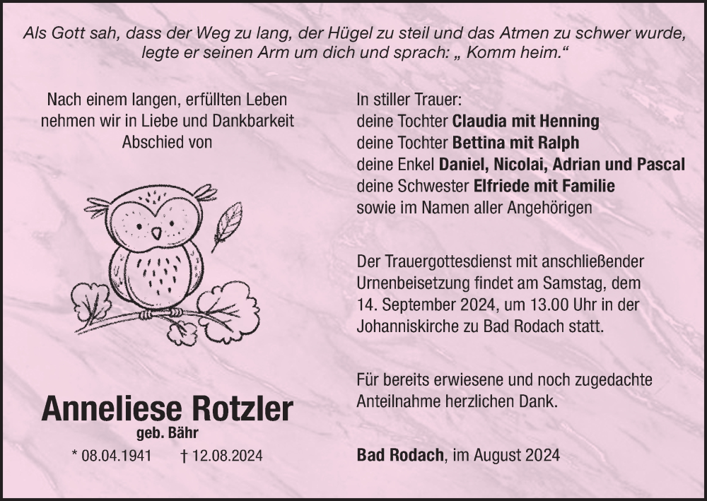  Traueranzeige für Anneliese Rotzler vom 17.08.2024 aus MGO