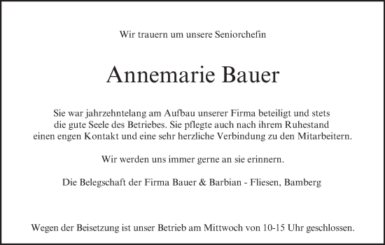 Anzeige von Annemarie Bauer von MGO