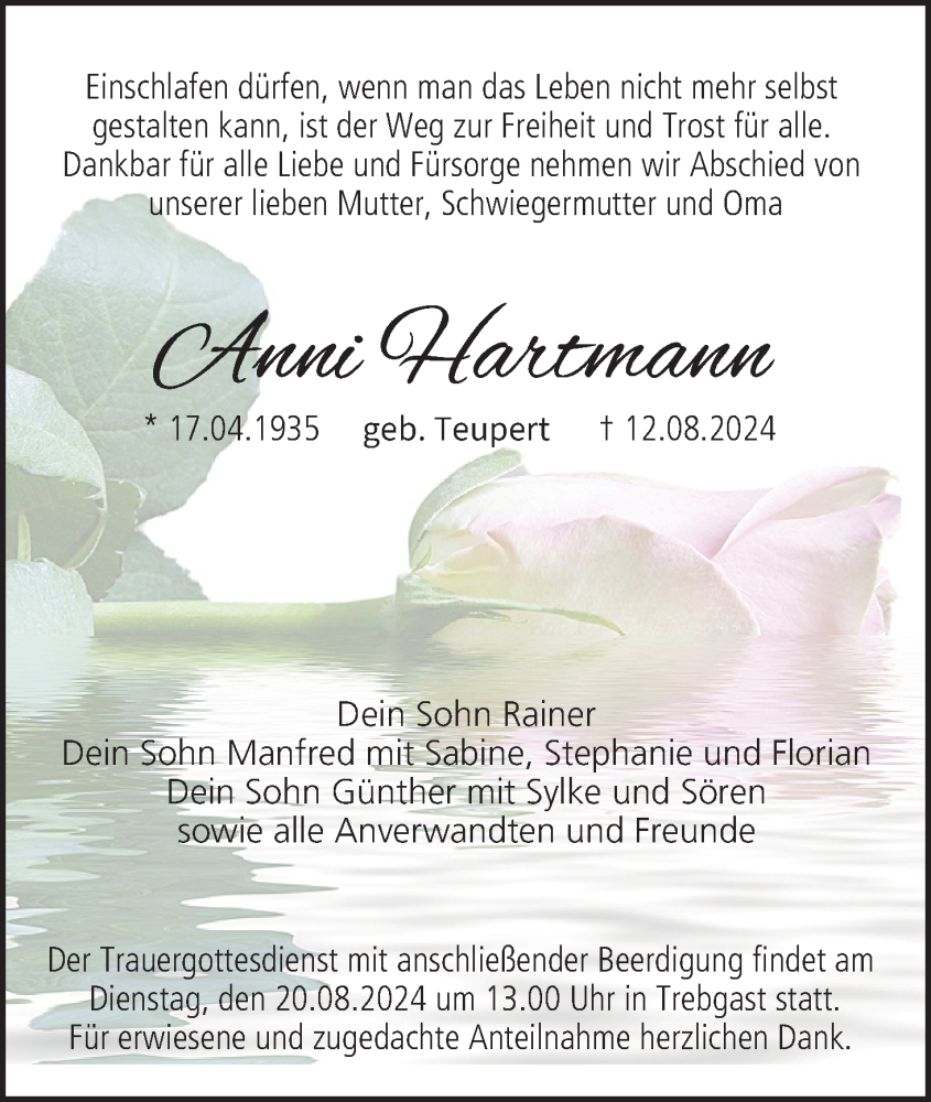 Traueranzeige für Anni Hartmann vom 17.08.2024 aus MGO