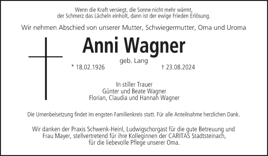 Anzeige von Anni Wagner von MGO