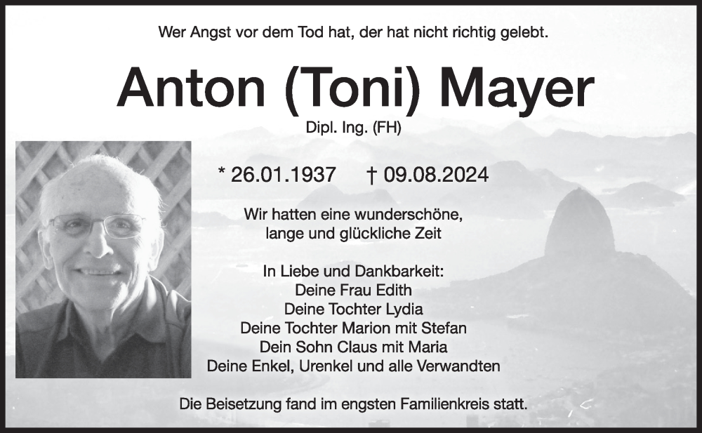  Traueranzeige für Anton Mayer vom 24.08.2024 aus MGO