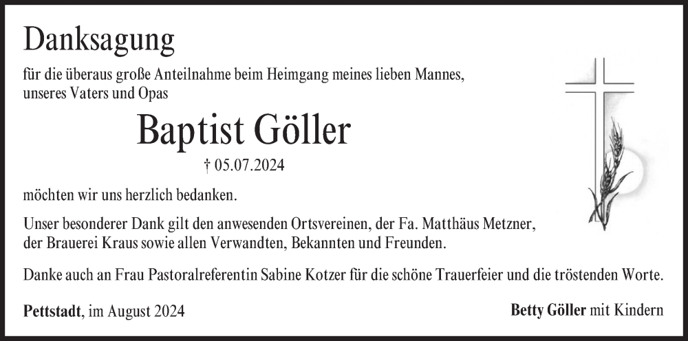  Traueranzeige für Baptist Göller vom 03.08.2024 aus MGO