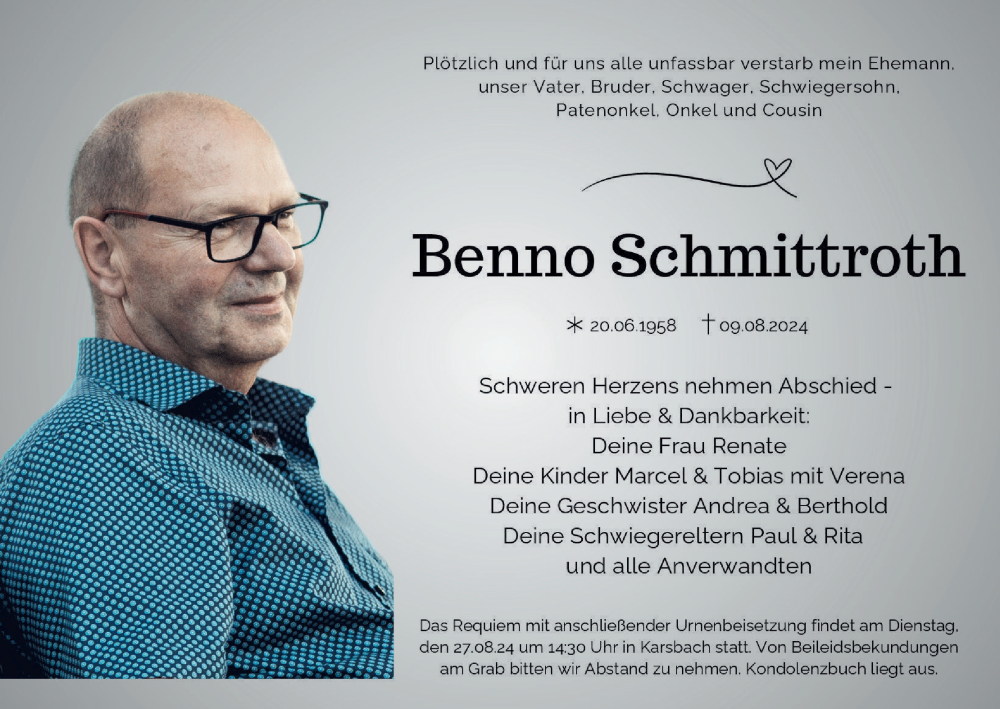  Traueranzeige für Benno Schmittroth vom 17.08.2024 aus MGO