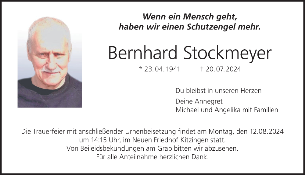  Traueranzeige für Bernhard Stockmeyer vom 07.08.2024 aus MGO