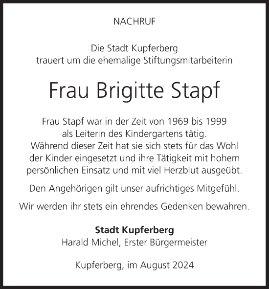 Anzeige von Brigitte Stapf von MGO