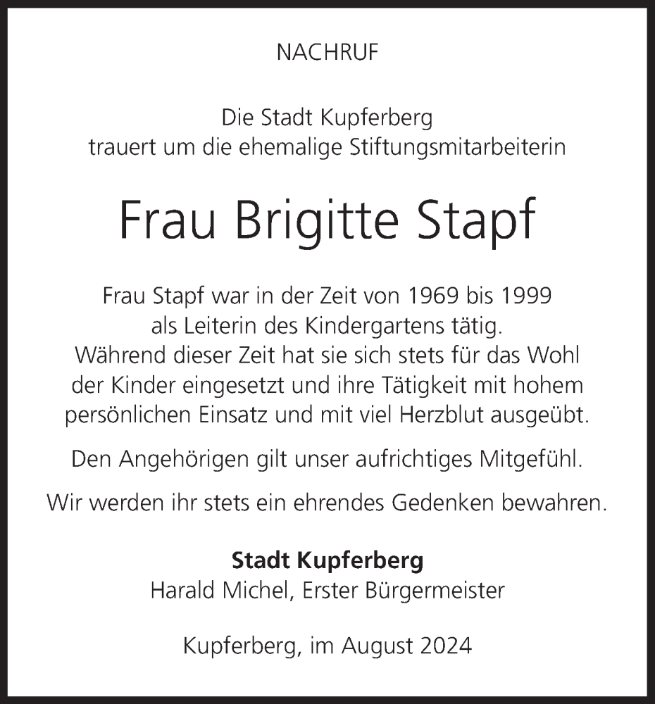  Traueranzeige für Brigitte Stapf vom 02.08.2024 aus MGO