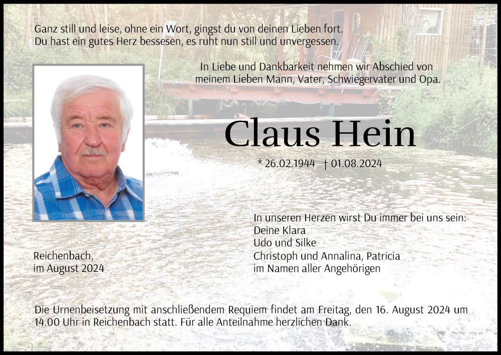  Traueranzeige für Claus Hein vom 10.08.2024 aus MGO