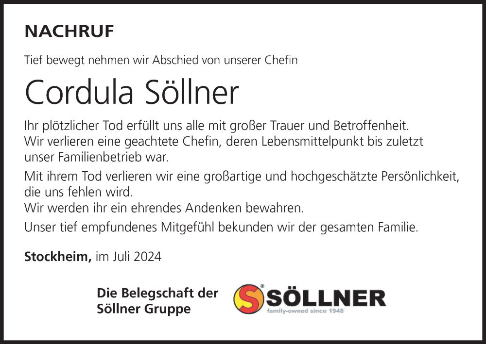  Traueranzeige für Cordula Söllner vom 01.08.2024 aus MGO