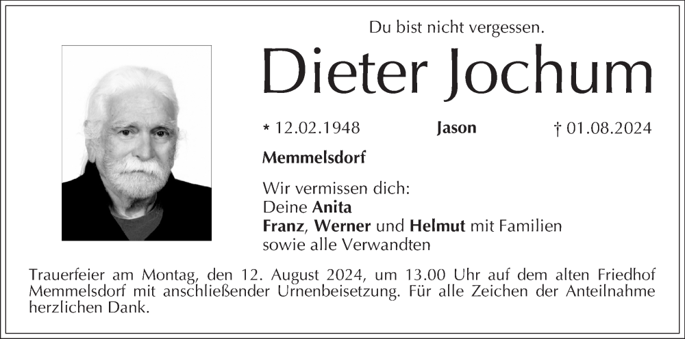  Traueranzeige für Dieter Jochum vom 10.08.2024 aus MGO