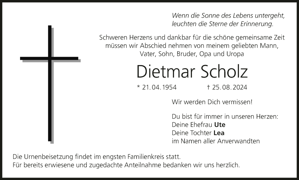  Traueranzeige für Dietmar Scholz vom 31.08.2024 aus MGO