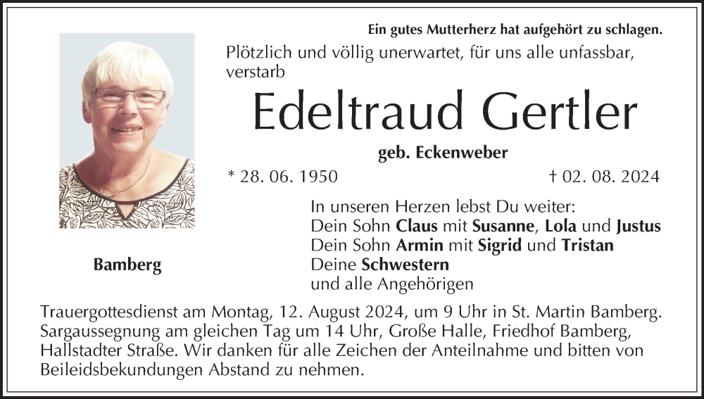  Traueranzeige für Edeltraud Gertler vom 09.08.2024 aus MGO