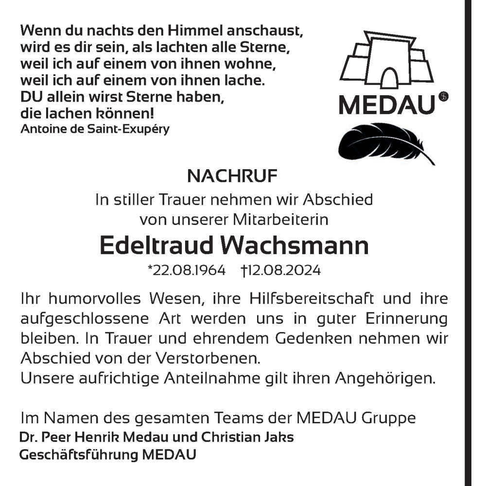  Traueranzeige für Edeltraud Wachsmann vom 17.08.2024 aus MGO
