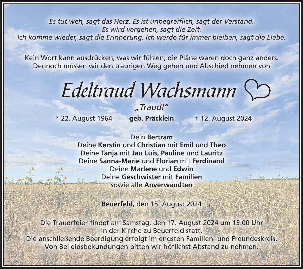  Traueranzeige für Edeltraud Wachsmann vom 15.08.2024 aus MGO
