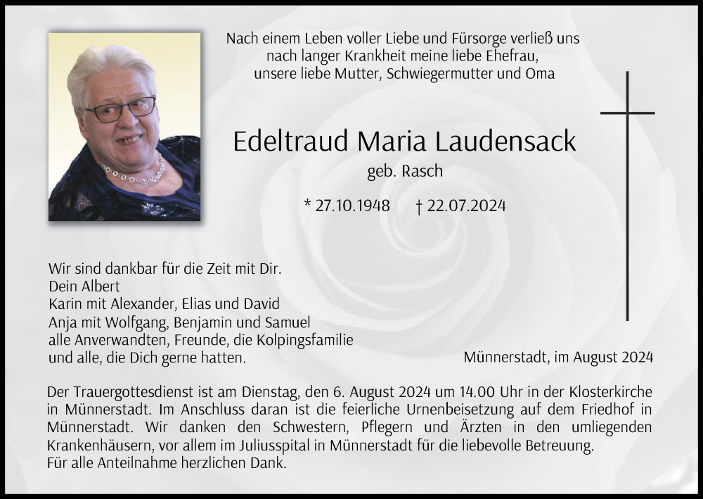  Traueranzeige für Edeltraud Maria Laudensack vom 03.08.2024 aus MGO