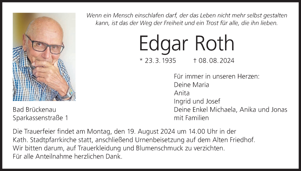  Traueranzeige für Edgar Roth vom 17.08.2024 aus MGO