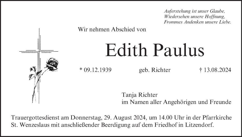  Traueranzeige für Edith Paulus vom 24.08.2024 aus MGO