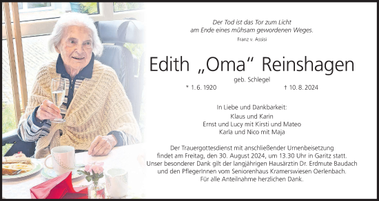 Anzeige von Edith Reinshagen von MGO