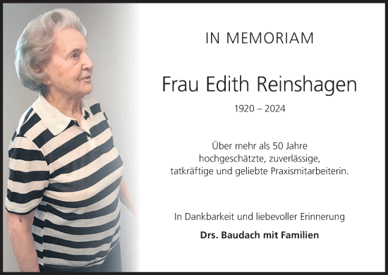 Anzeige von Edith Reinshagen von MGO