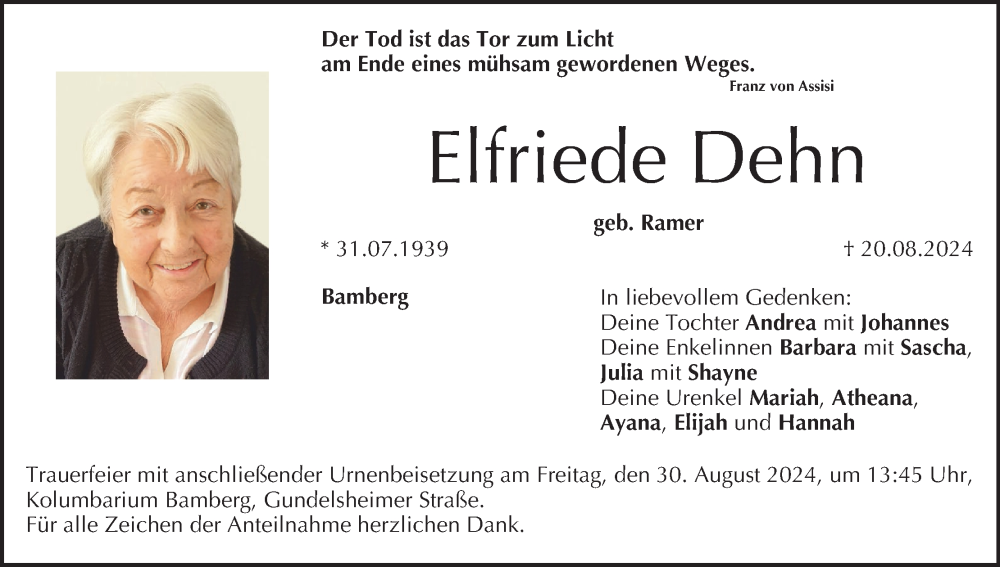  Traueranzeige für Elfriede Dehn vom 24.08.2024 aus MGO