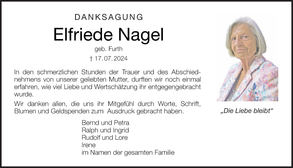  Traueranzeige für Elfriede Nagel vom 17.08.2024 aus MGO