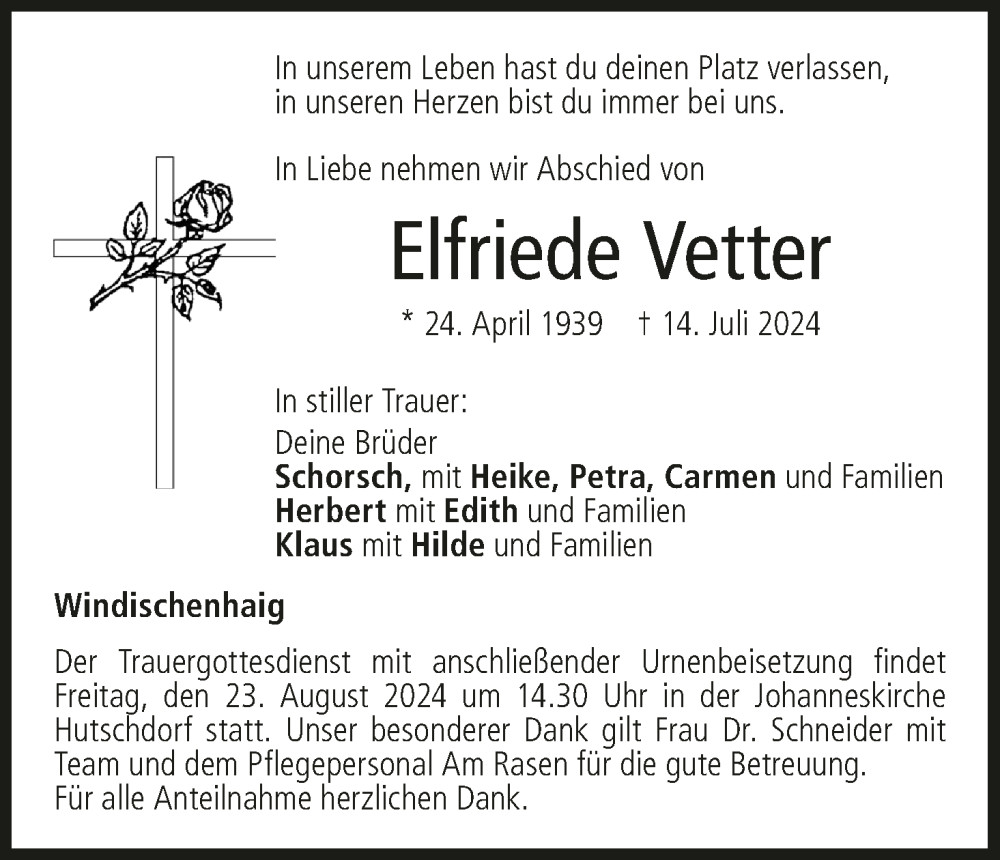  Traueranzeige für Elfriede Vetter vom 20.08.2024 aus MGO