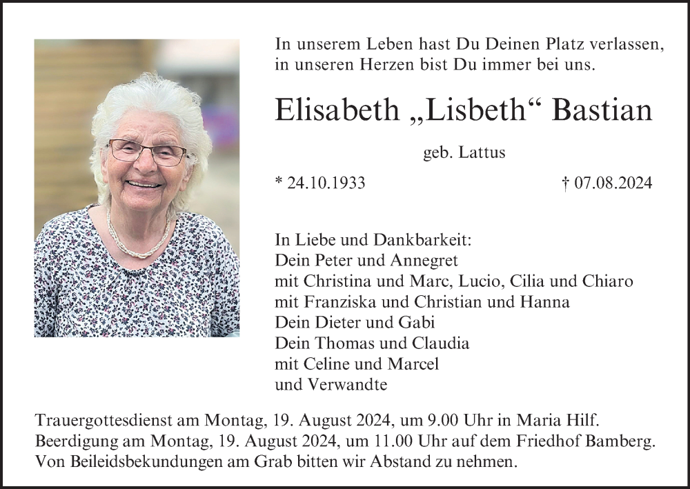  Traueranzeige für Elisabeth Bastian vom 17.08.2024 aus MGO