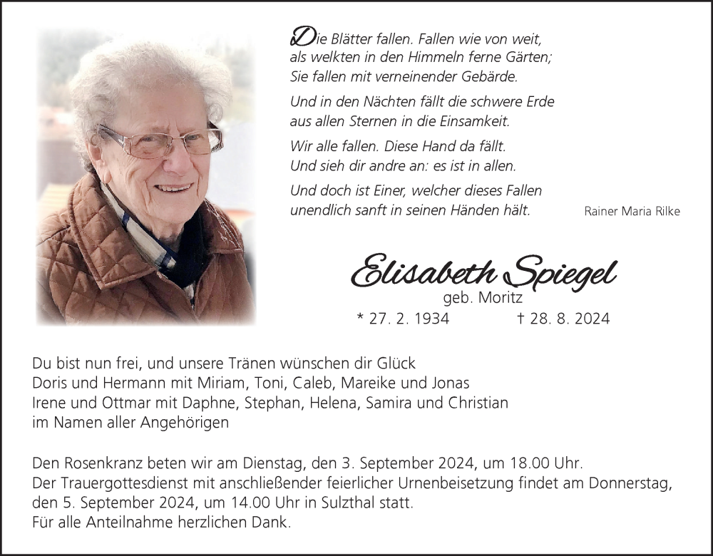  Traueranzeige für Elisabeth Spiegel vom 31.08.2024 aus MGO