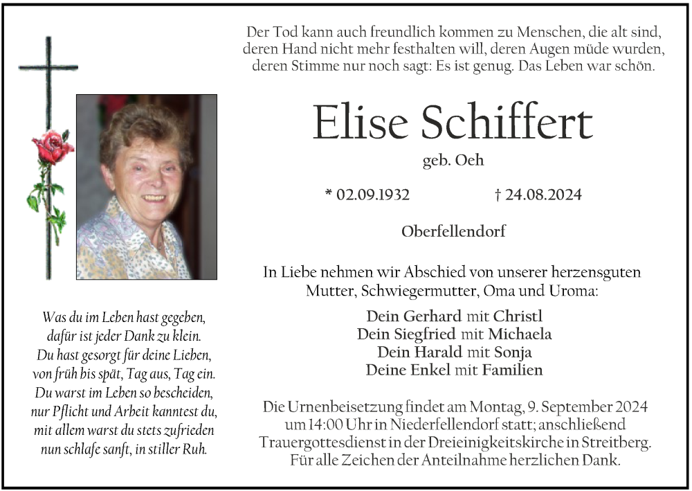  Traueranzeige für Elise Schiffert vom 31.08.2024 aus MGO