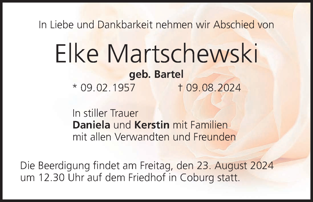  Traueranzeige für Elke Martschewski vom 17.08.2024 aus MGO