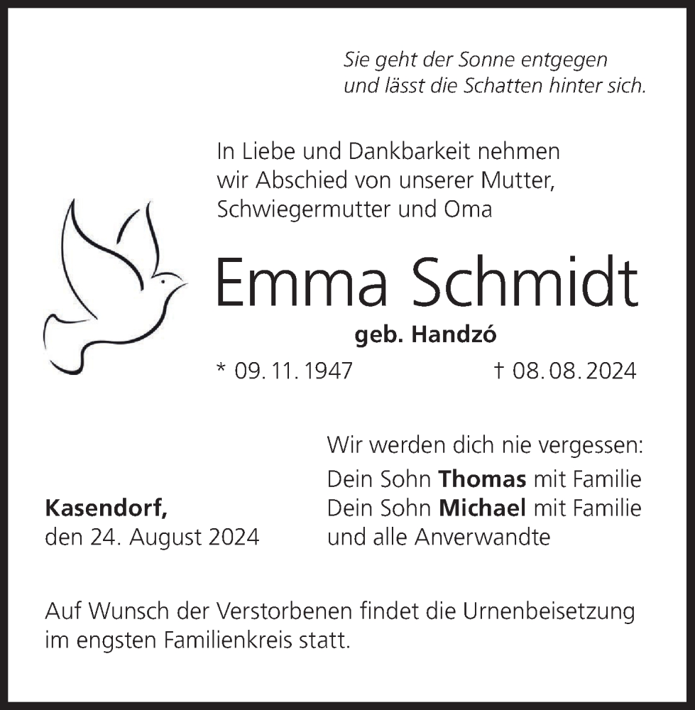  Traueranzeige für Emma Schmidt vom 24.08.2024 aus MGO