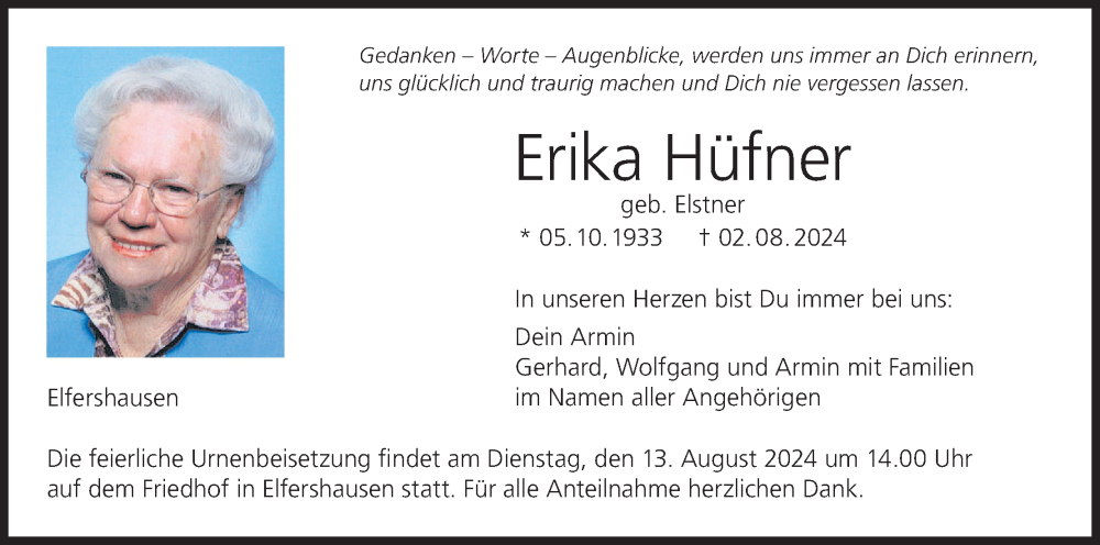  Traueranzeige für Erika Hüfner vom 10.08.2024 aus MGO